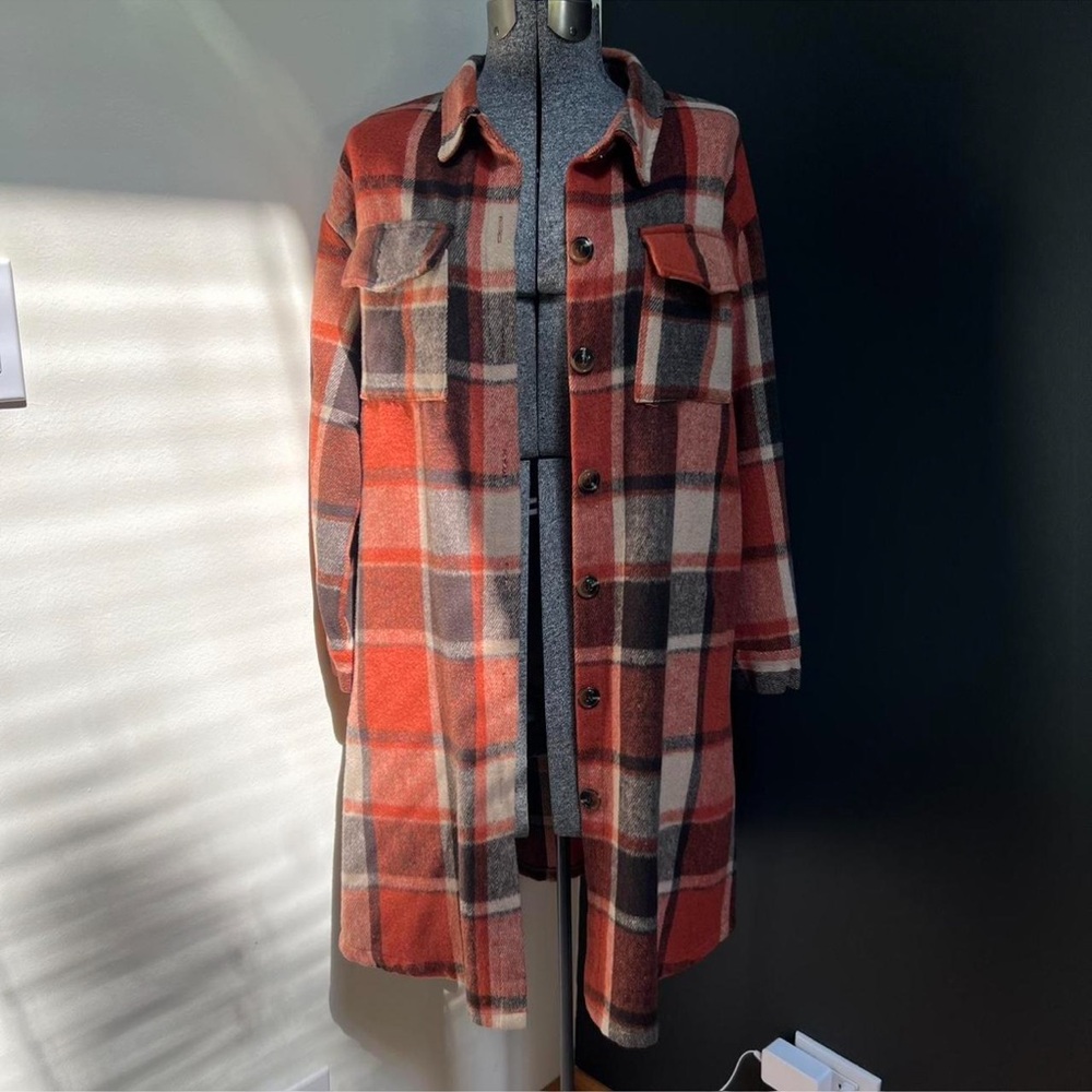 Plaid Longline Coat - Red and Black